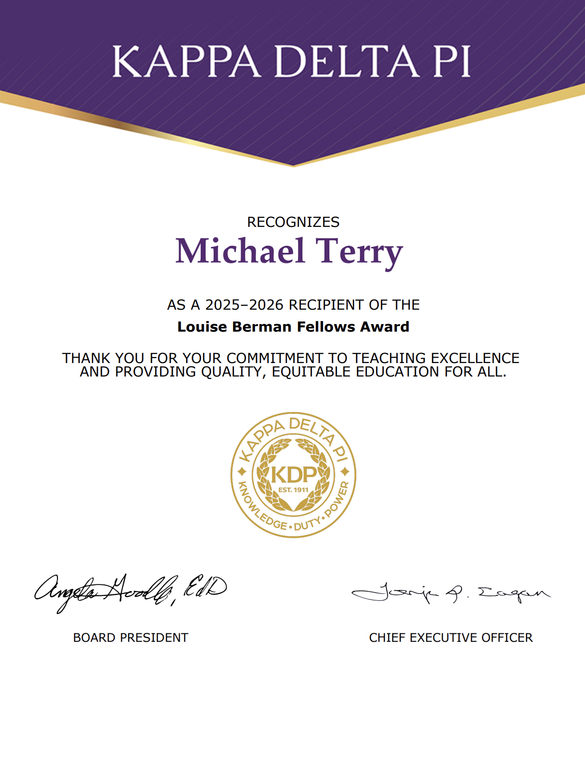 Kappa Delta Pi certificate recognizing Michael Terry as a 2025-2026 Louise Berman Fellows Award recipient